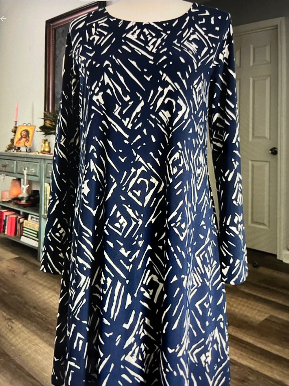 Lauren by Ralph Lau Women's Navy Blue and White Printed Long-Sleeve Swing Dress